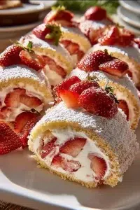 Strawberry shortcake cheesecake rolls on a plate topped with fresh strawberries