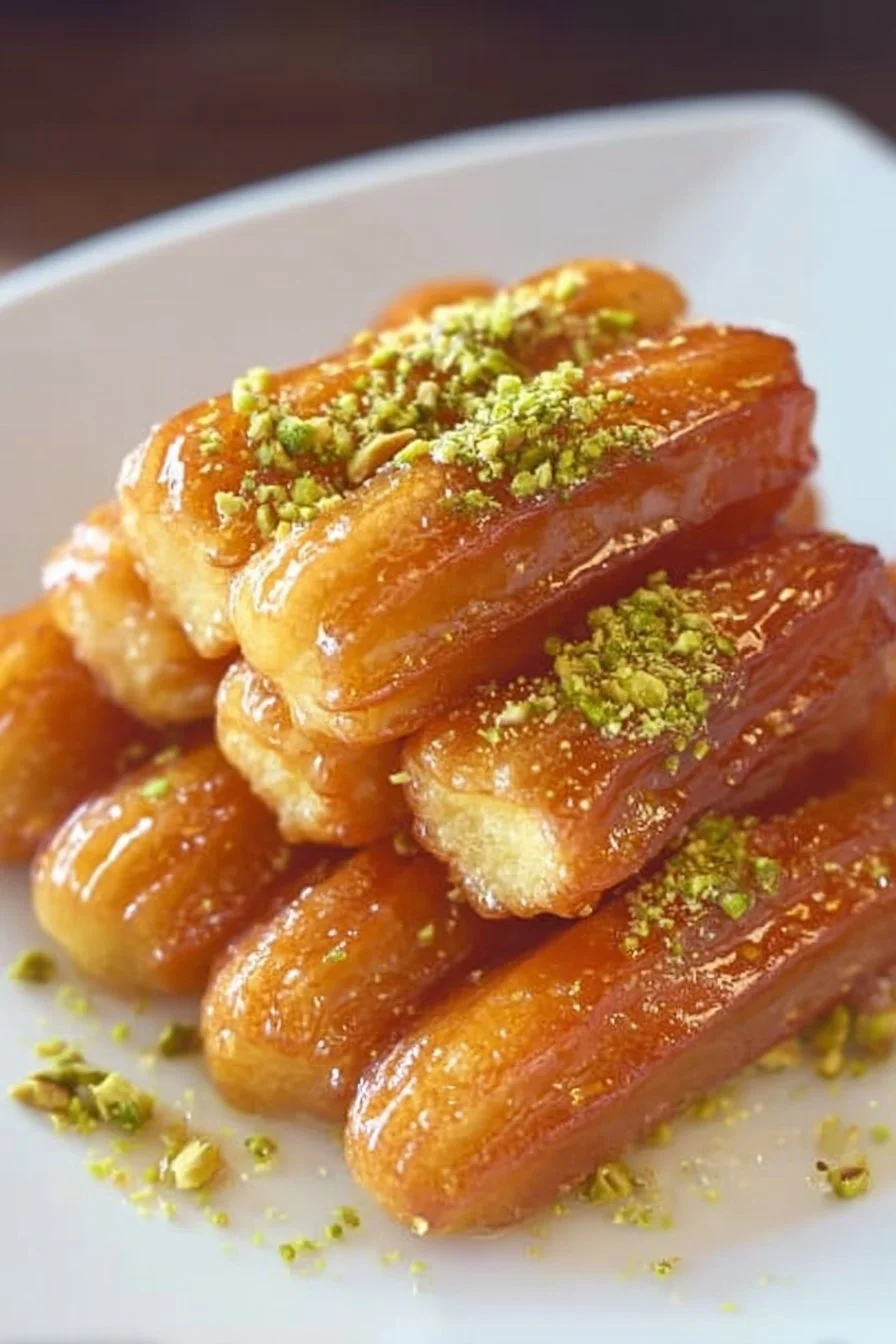 Turkish Tulumba - crispy, syrup-soaked pastries stacked on a plate.